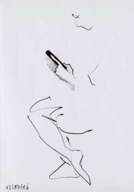 Quelques lignes épurées au stylo dessinent la silhouette d'une femme sur son téléphone.