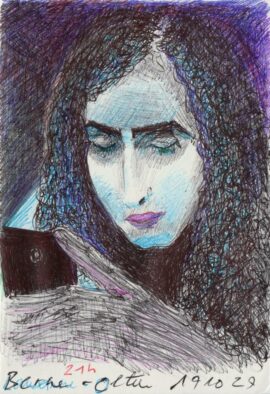 Dessin colorisé aux stylos. Sur fond sombre, le visage d'une femme est éclairé par son téléphone.