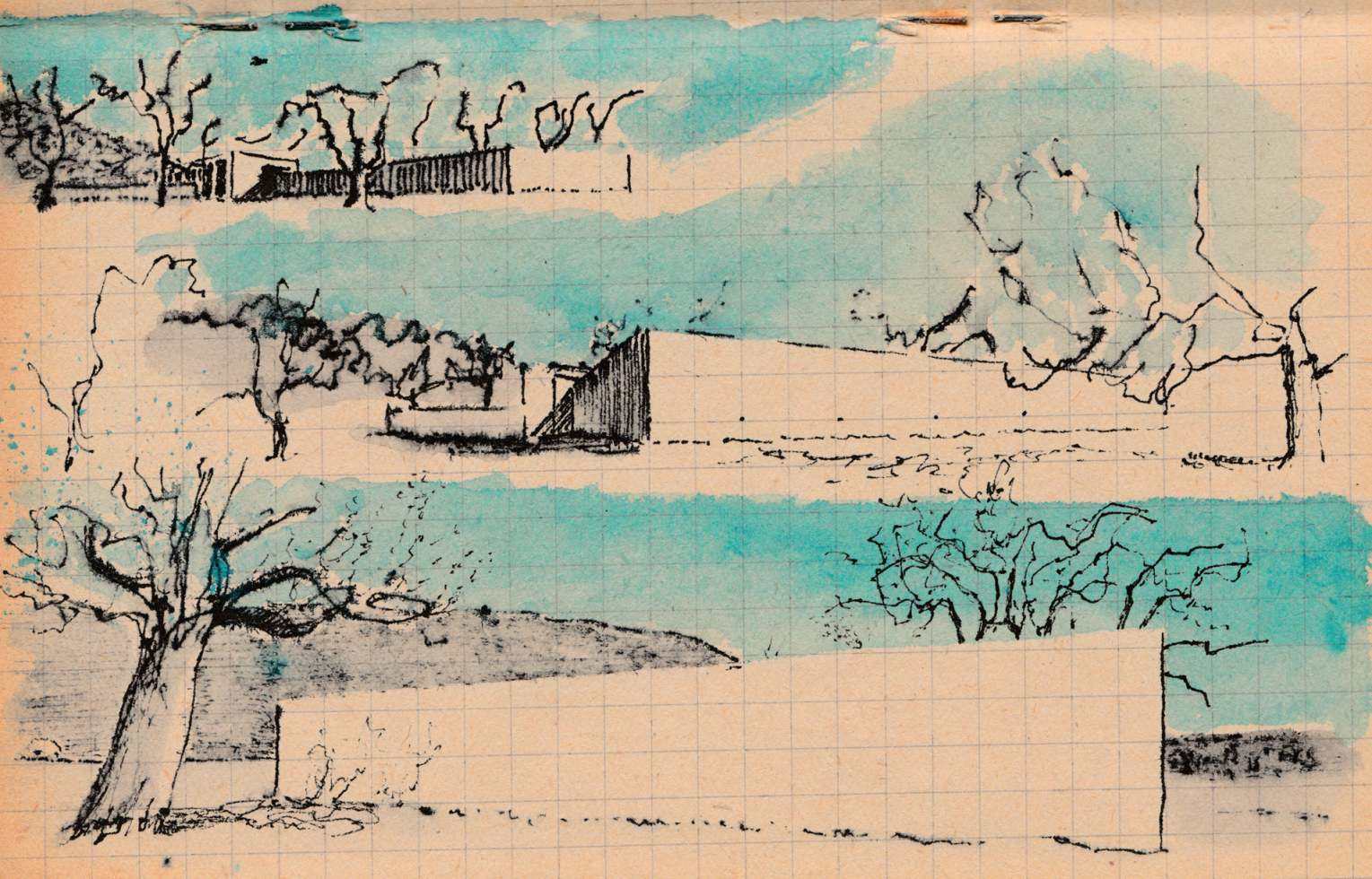 Trois vues sur le pavillon de conférences de Tadao Ando à Vitra, Weil am Rhein. Le jeu des cerisiers, selon qu'ils sont devant ou derrière le paravent de béton laisse place à l'ellipse. Le quadrillage de l’antique papier passe devant.