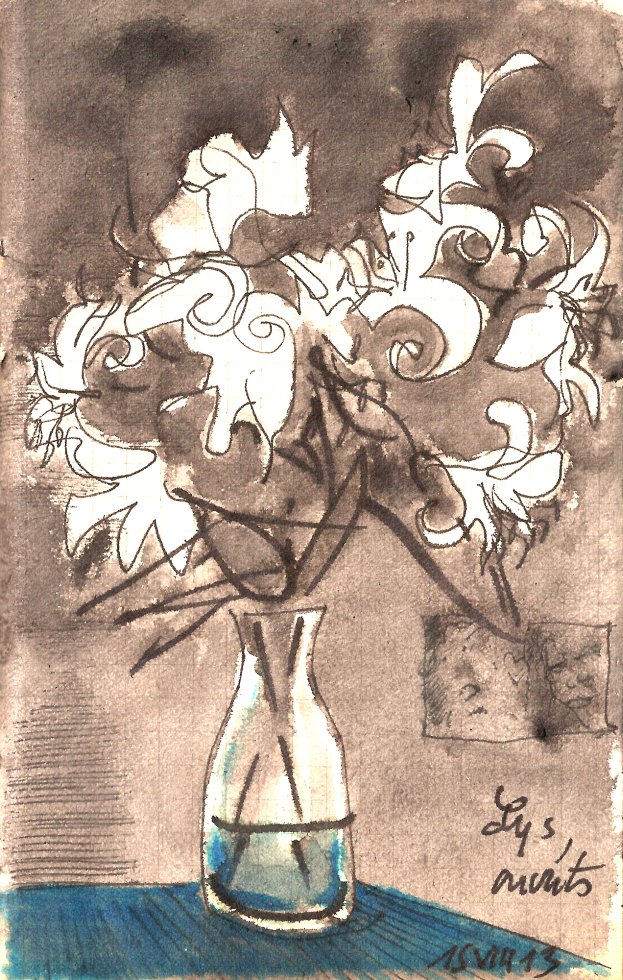 Un bouquet de lys dans un vase transparent. Deux tiges plongent dans l'eau, et les fleurs grandes ouvertes se détachent sur un fond brun rose. L'angle de la table bleue diffuse sa couleur dans l'eau du vase.