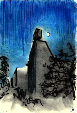 Le clocher au sommet du couvent accueille le visiteur. Une demi-lune éclaire la scène.