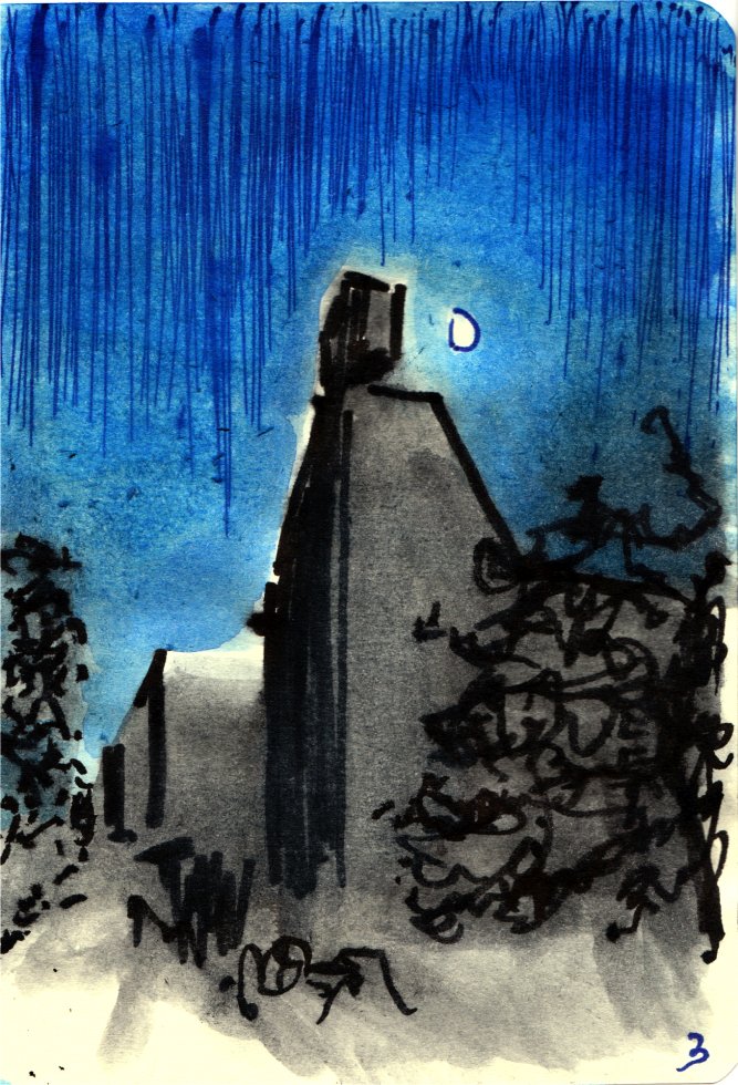 Arrivée tard à La Tourette, une demi-lune m'attendait. J'ai tenté dans l'obscurité relative ce dessin, et la nuit bleue-nuit autour de la Lune.