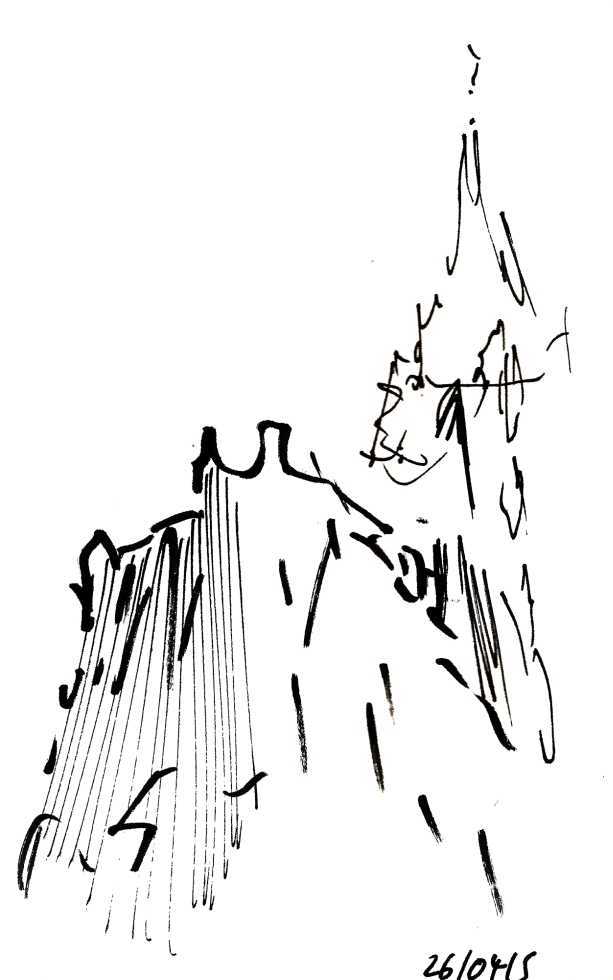 Vue en contre-plongée de la flèche de la Cathédrale de Strasbourg, depuis la Place du Château. Quelques traits noirs fins convergent vers le zénith, et quelques touches au trait épais découpe la terrasse en avant. Apparemment erratique, cet ensemble restitue cependant l'élancement de cette flèche. Ce dessin, peut-être le millième opus, est le fruit d’un long cycle, d’un projet : atteindre l'objet avec le minimum de signes.