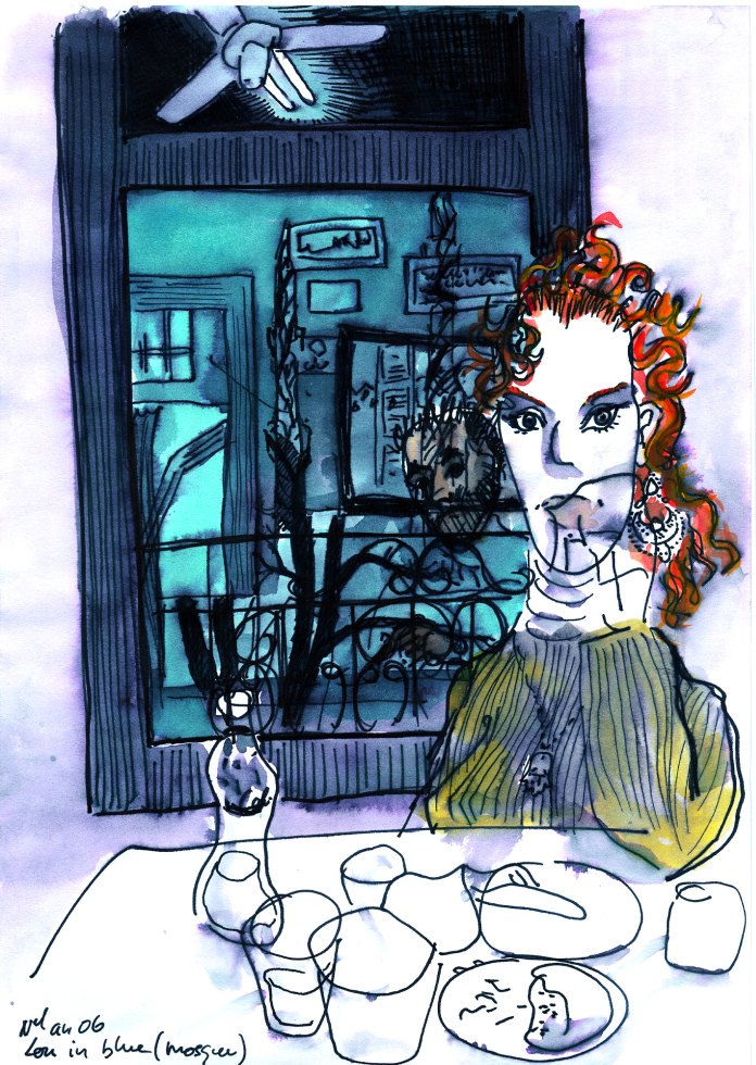 Portrait de Lou, le soir de nouvel an dans un restaurant de Sultanahmet. Derrière Lou aux cheveux très roux, la fenêtre du restaurant reflète le dessinateur, et la salle à manger. Sur la table, les restes du repas.