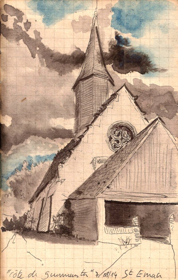 Sous un ciel tourmenté, on aperçoit la chapelle et le lavoir d'où part la Vivonne, qu'évoque Marcel Proust dans la Recherche du Temps perdu.