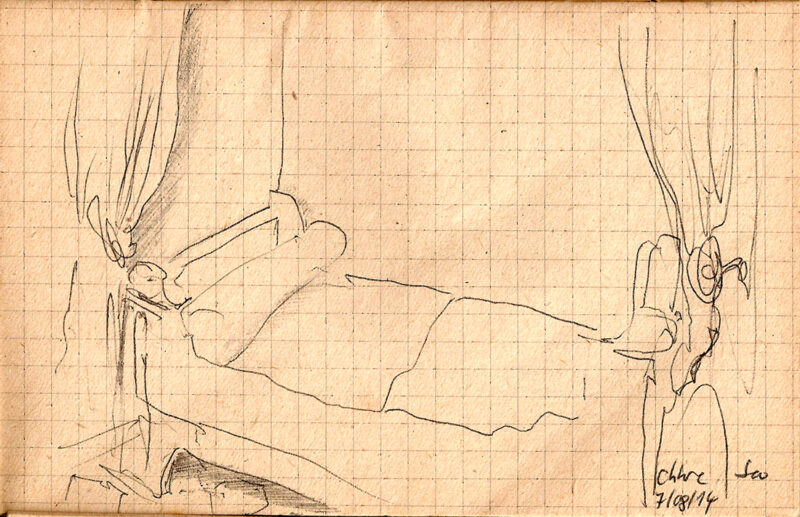 Vue en légère plongée du lit d'enfant de Marcel Proust, à Illiers-Combray. On y voit l'absence de celui qui "longtemps s'est couché de bonne heure". Dessin essentiellement au trait fin, petits effets d'ombre sous le lit et derrière le rideau.