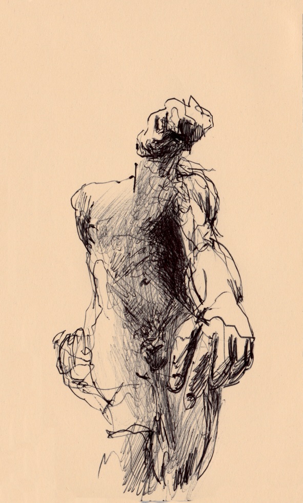 Vue de face de "l'Ombre" de Rodin. La main tendue s'avance au premier plan. Les hachures du stylo marquent les ombres de la sculpture.