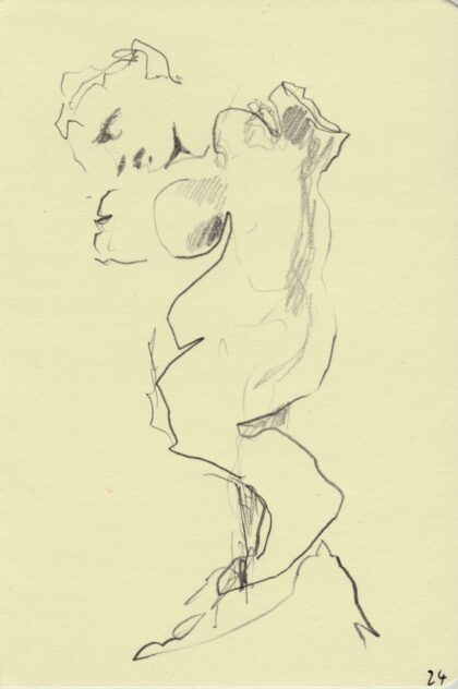 Dessin rapide au crayon HB de "la Méditation" de Rodin. Le trait tente de suivre les méandres de la plastique tortueuse de cette sculpture du Musée Rodin à Paris.