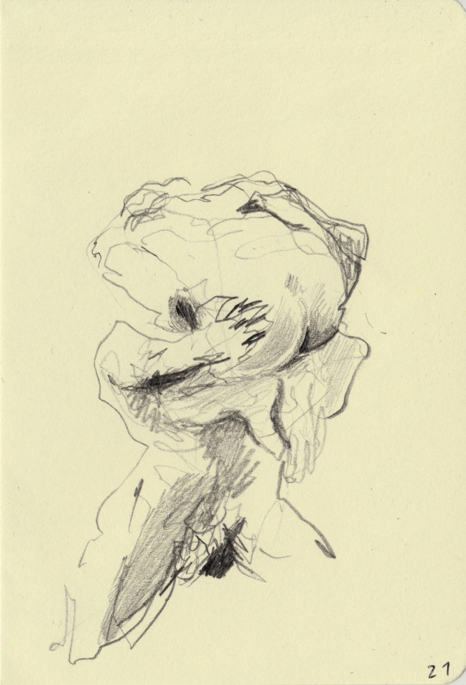 Dessin rapide au crayon HB de "Je suis belle" de Rodin. La sculpture vue de dessus nous montre en plongée le dos et le bassin de la femme tenue par l'homme avant l'étreinte charnelle.