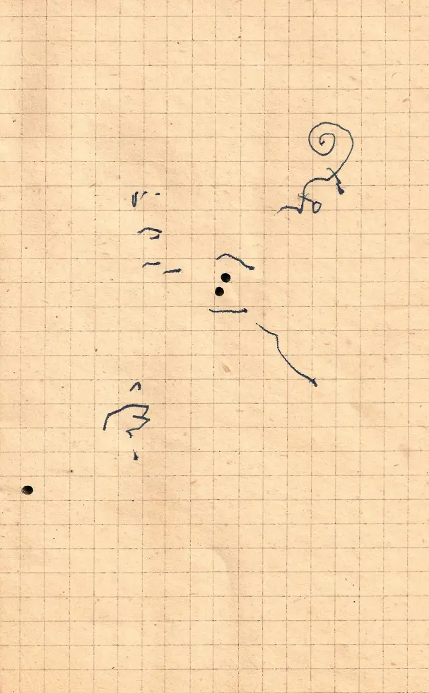 Concert de jazz au CEAAC à Strasbourg, en 2013. Ce dessin représente avec le minimum de traits, que l'on pourrait compter, le contrebassiste d’un trio. Il a surtout fallu jouer avec les trous de vers du papier centenaire.