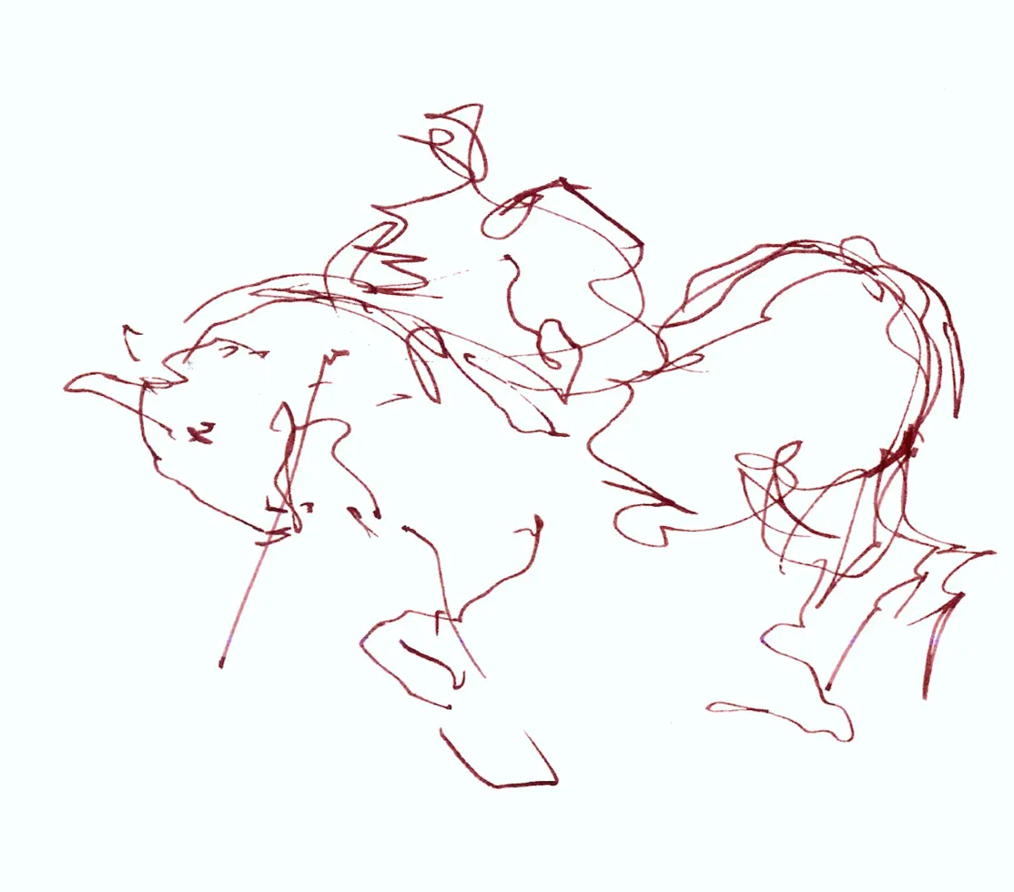 Dessin à la plume brune, lors d'une corrida. On y voit le picador à cheval, pointer sa pique vers le bas. L'intensité du spectacle commande l'exécution nécessairement très rapide du dessin.