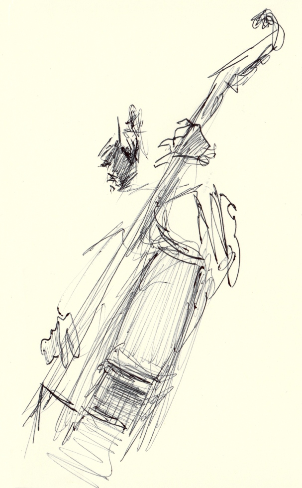 Dessin au rythme du jazz de Paolo Fresu. Le contrebassiste vu de profil nous montre ses deux mains en action sur l'instrument. La musique et le rythme commandent, le trait du stylo bille voudrait être lui aussi instrument.