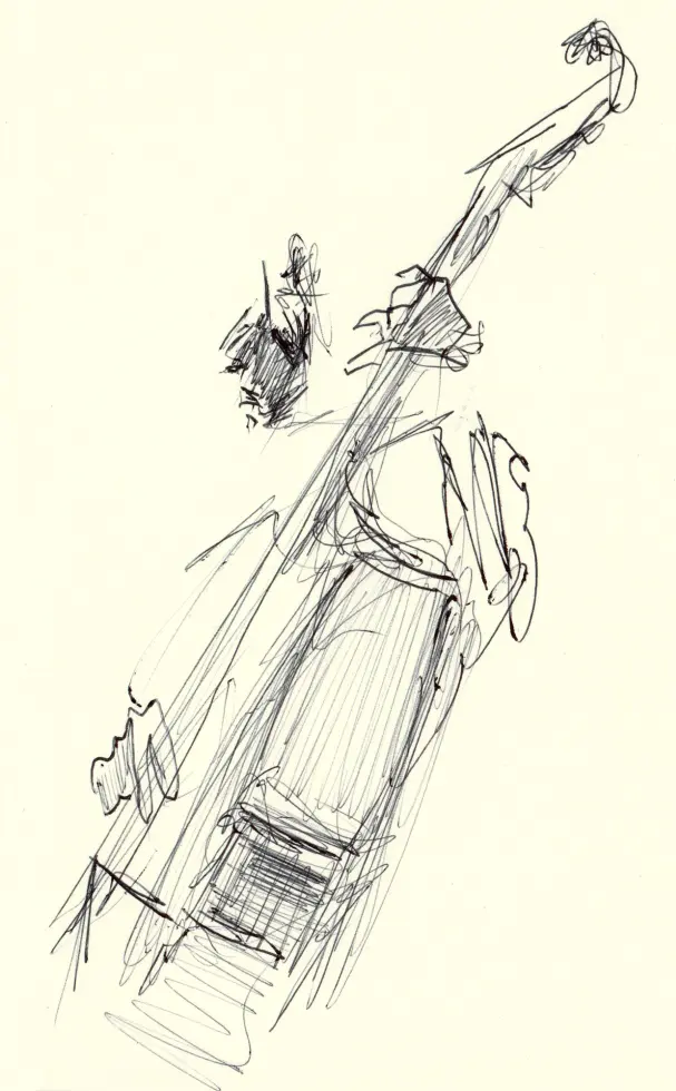 Dessin au rythme du jazz de Paolo Fresu. Le contrebassiste vu de profil nous montre ses deux mains en action sur l'instrument. La musique et le rythme commandent, le trait du stylo bille voudrait être lui aussi instrument.