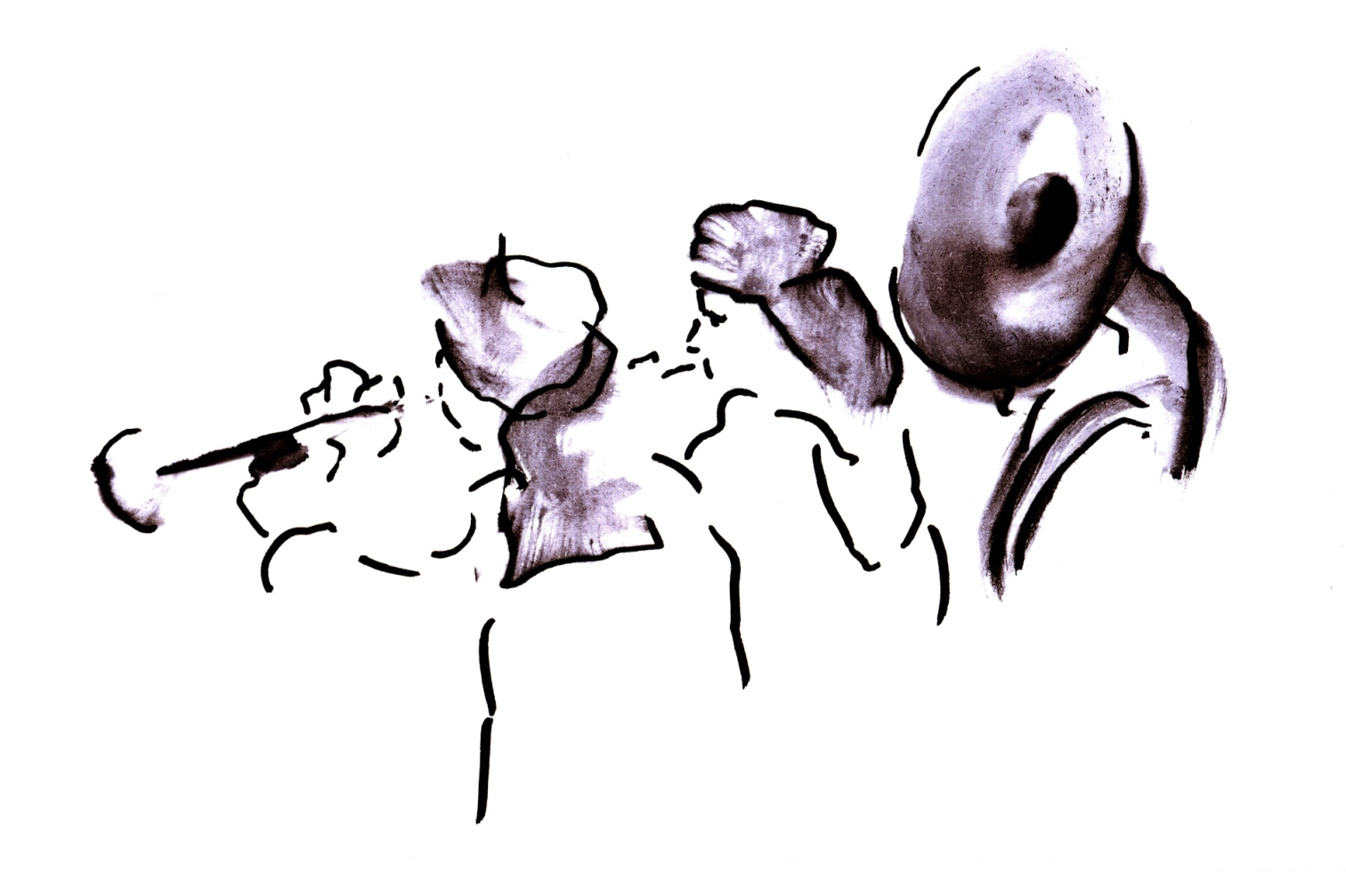 La fanfare marque l'ouverture du Festival Strasbourg Méditerranée, en 2009. Dessin au trait et à l'eau qui souligne les turbans et les cuivres. Recherche d'un contraste, comme une fanfare rompt le silence.