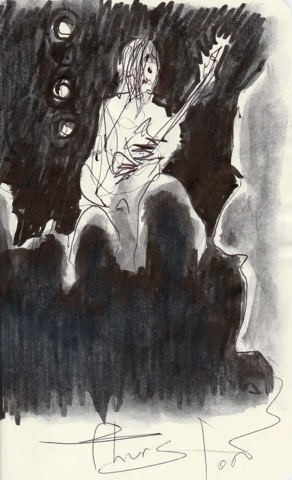 Dessin pendant un concert de Thurston Moore à la Laiterie en 2017, Strasbourg. Dessin au feutre noir exécuté dans l'obscurité. On y voit les deux mains qui s'acharnent sur la guitare. Autographe de l'artiste après le concert.