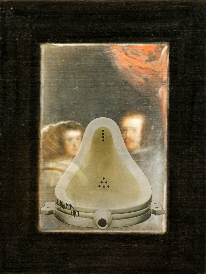 Superposition de l'urinoir de Marcel Duchamp ("Fontaine", 1917) et du petit miroir du tableau de Vélasquez, où se reflète le couple royal d'Espagne ("Les Ménines" 1656). Le centenaire de "Fontaine" (Marcel Duchamp, 1917) approchant, j'avais proposé de remettre un urinoir dans un ancien urinoir public, devenu lieu d'exposition ("Le petit cabinet" géré par l'association "Envie de quartier" à Strasbourg). Difficile question de représentation de l'objet. En même temps, une exposition au Grand Palais accueillait Vélasquez, mais sans les Ménines. Déjà l'absence... Installation peut-être surréaliste, février à avril 2016.